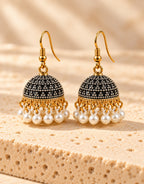 Orneza Black and Silver Dotted Jhumka Earrings with Pearls — front view