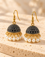 Orneza Black and Silver Dotted Jhumka Earrings with Pearls — angle view