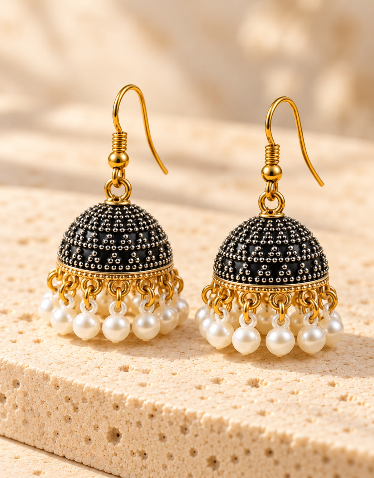 Orneza Black and Silver Dotted Jhumka Earrings with Pearls — angle view