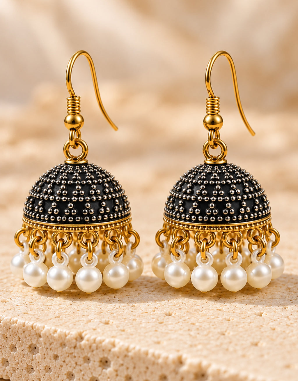 Orneza Black and Silver Dotted Jhumka Earrings with Pearls — close-up detail