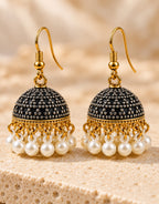 Orneza Black and Silver Dotted Jhumka Earrings with Pearls — close-up detail