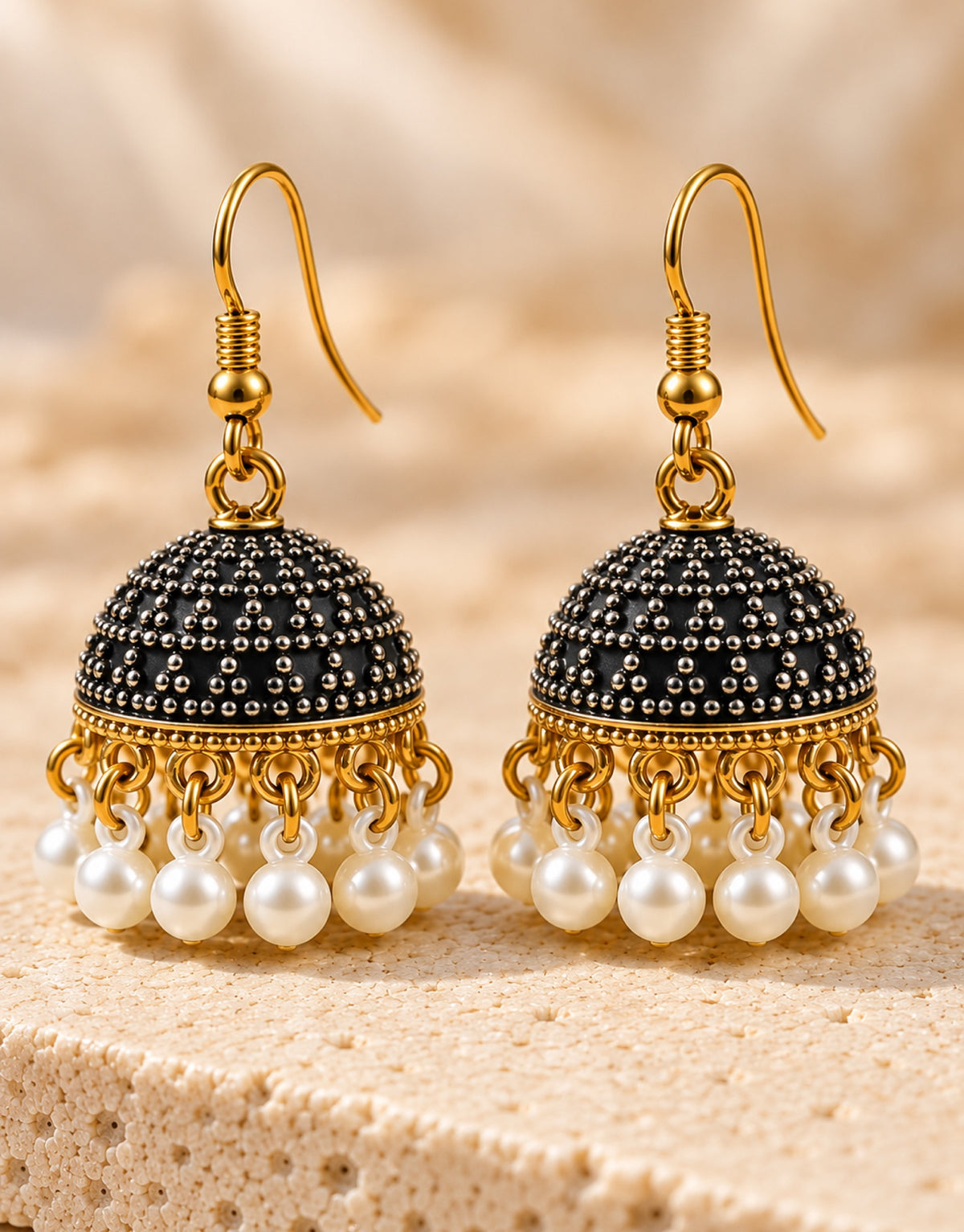 Orneza Black and Silver Dotted Jhumka Earrings with Pearls — close-up detail