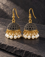 Orneza Black and Silver Dotted Jhumka Earrings with Pearls — styled view