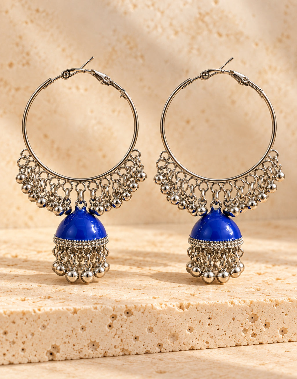 Orneza Silver-Tone Hoop Jhumka Earrings in Cobalt Blue — front view