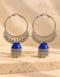 Orneza Silver-Tone Hoop Jhumka Earrings in Cobalt Blue — front view