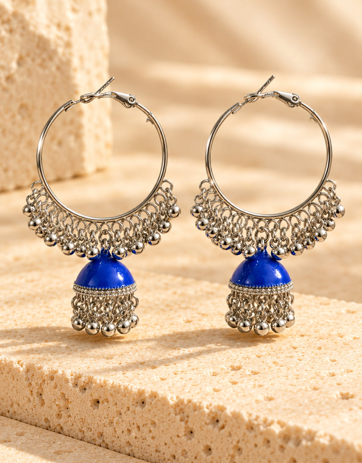 Orneza Silver-Tone Hoop Jhumka Earrings in Cobalt Blue — angle view
