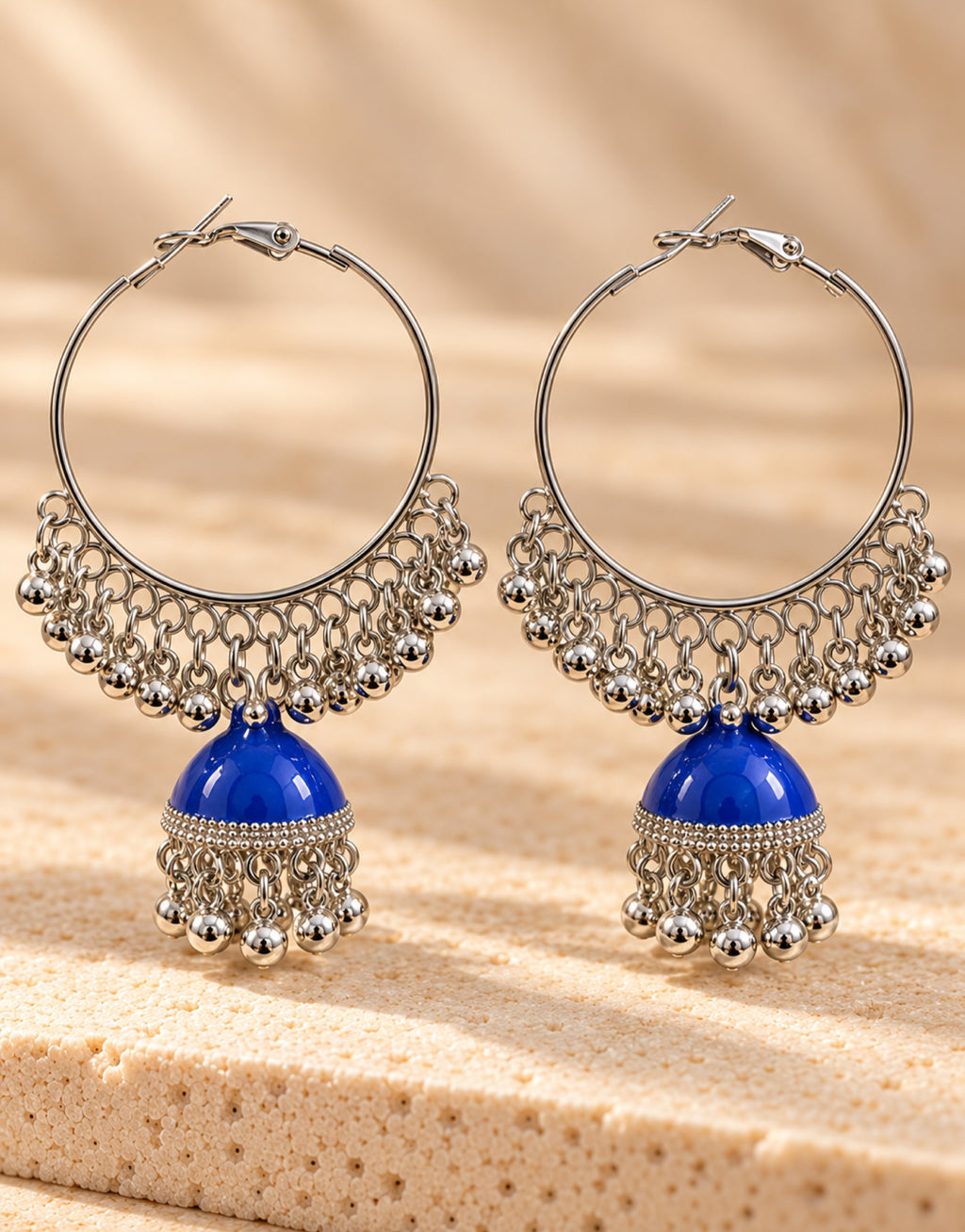 Orneza Silver-Tone Hoop Jhumka Earrings in Cobalt Blue — close-up detail