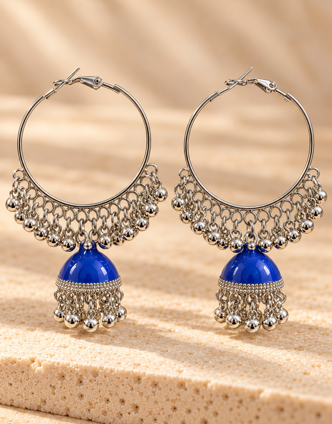 Orneza Silver-Tone Hoop Jhumka Earrings in Cobalt Blue — close-up detail