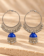 Orneza Silver-Tone Hoop Jhumka Earrings in Cobalt Blue — close-up detail