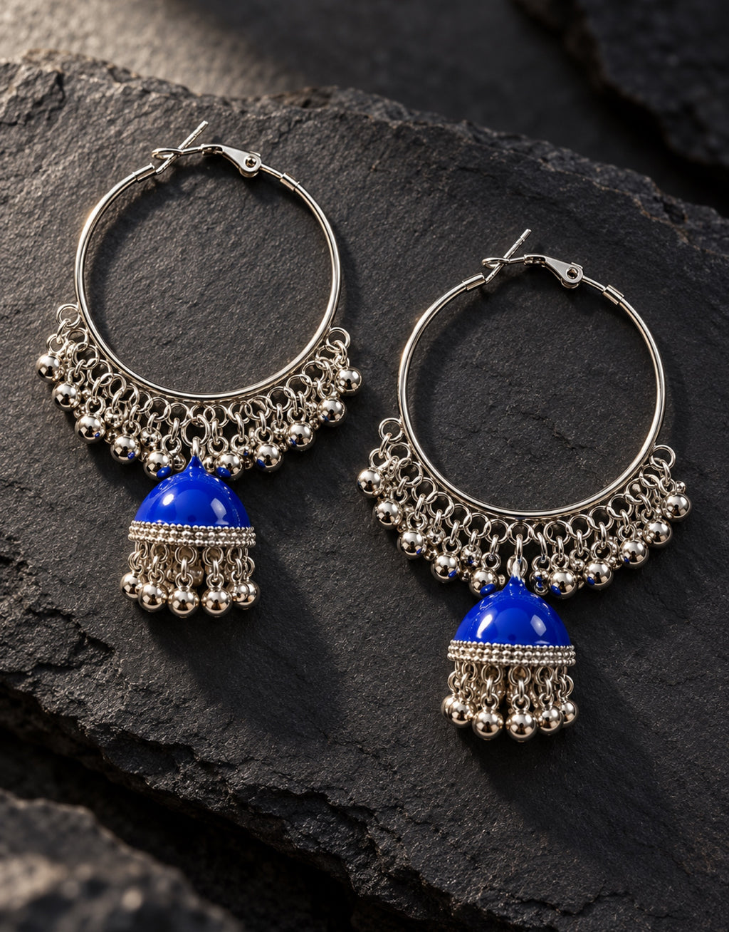 Orneza Silver-Tone Hoop Jhumka Earrings in Cobalt Blue — styled view