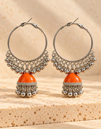 Orneza Silver-Tone Hoop Jhumka Earrings in Orange — front view