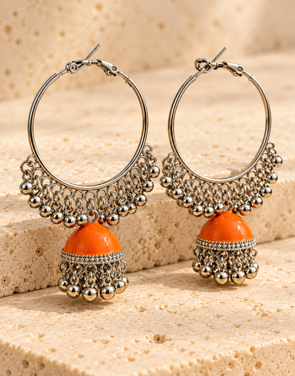 Orneza Silver-Tone Hoop Jhumka Earrings in Orange — angle view