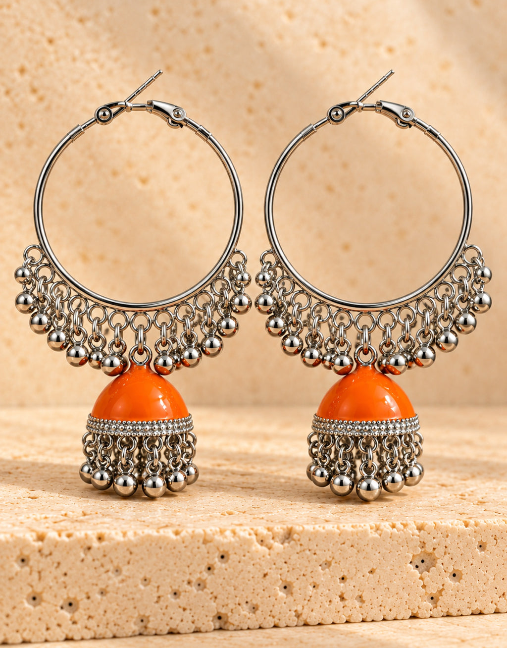 Orneza Silver-Tone Hoop Jhumka Earrings in Orange — close-up detail