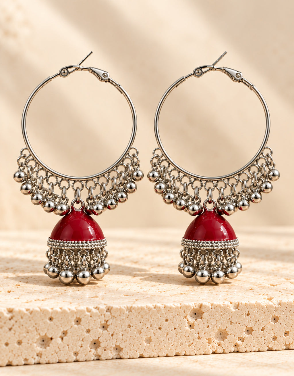 Orneza Silver-Tone Hoop Jhumka Earrings in Red — front view