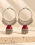 Orneza Silver-Tone Hoop Jhumka Earrings in Red — front view