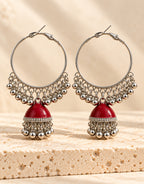 Orneza Silver-Tone Hoop Jhumka Earrings in Red — front view