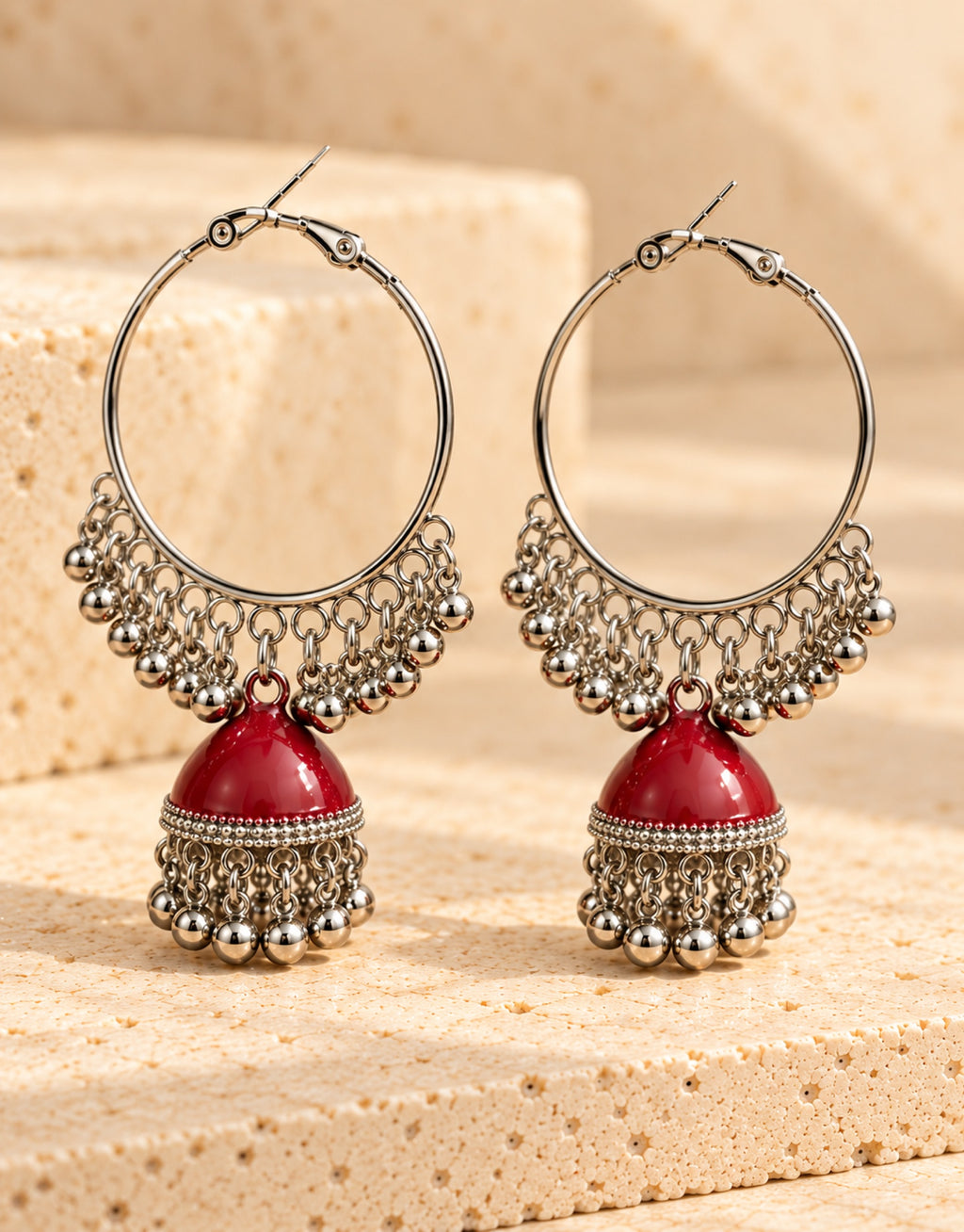 Orneza Silver-Tone Hoop Jhumka Earrings in Red — angle view