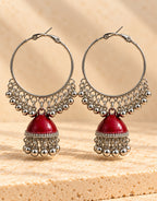 Orneza Silver-Tone Hoop Jhumka Earrings in Red — close-up detail