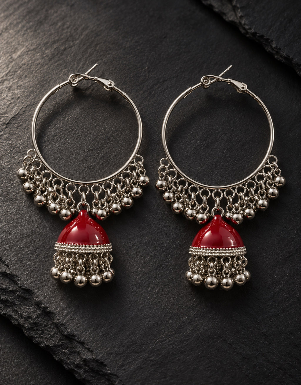 Orneza Silver-Tone Hoop Jhumka Earrings in Red — styled view