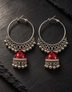 Orneza Silver-Tone Hoop Jhumka Earrings in Red — styled view