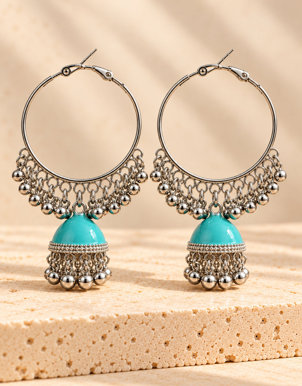 Orneza Silver-Tone Hoop Jhumka Earrings in Turquoise — front view