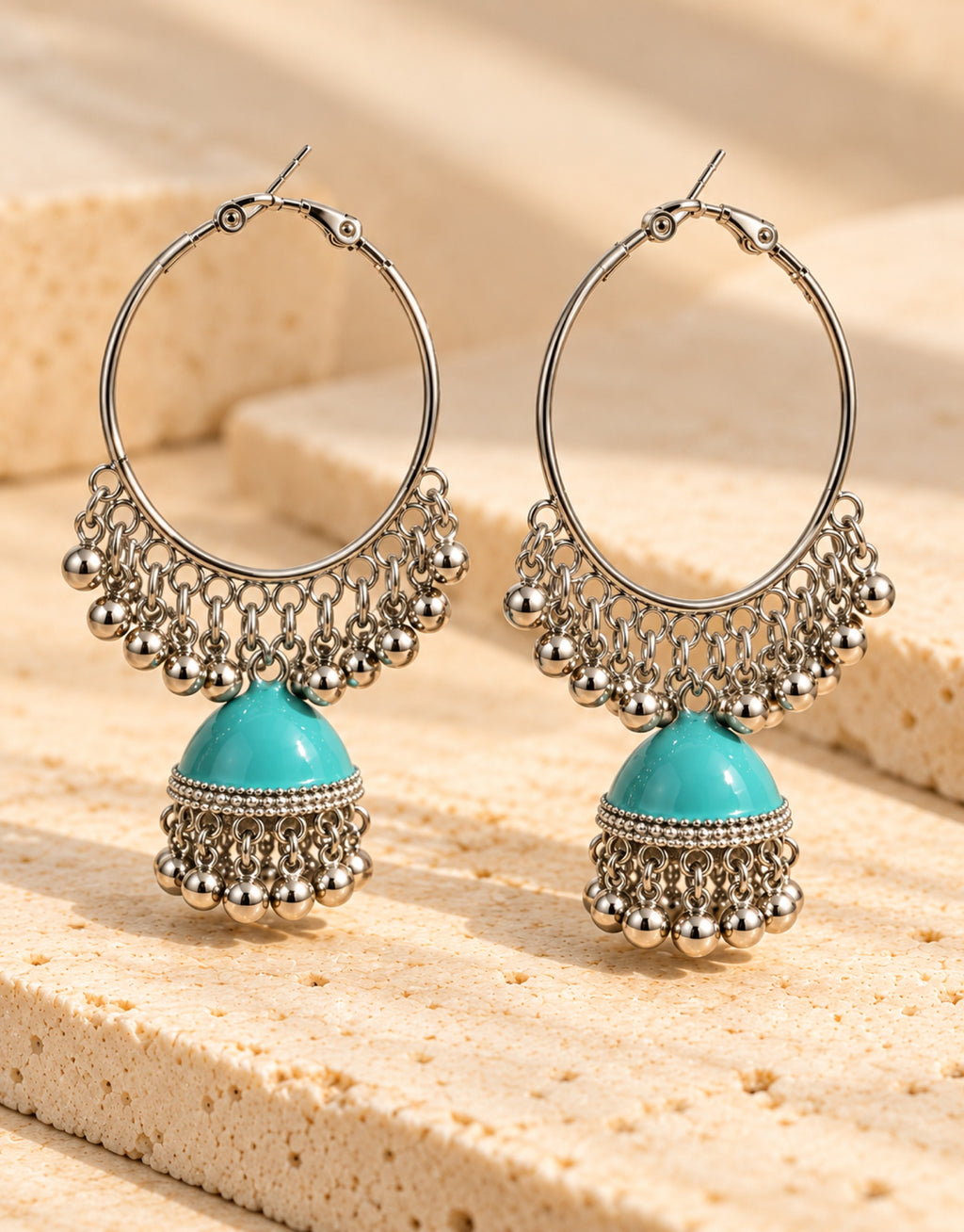 Orneza Silver-Tone Hoop Jhumka Earrings in Turquoise — angle view