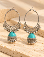 Orneza Silver-Tone Hoop Jhumka Earrings in Turquoise — angle view