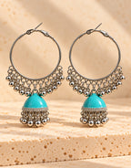 Orneza Silver-Tone Hoop Jhumka Earrings in Turquoise — close-up detail