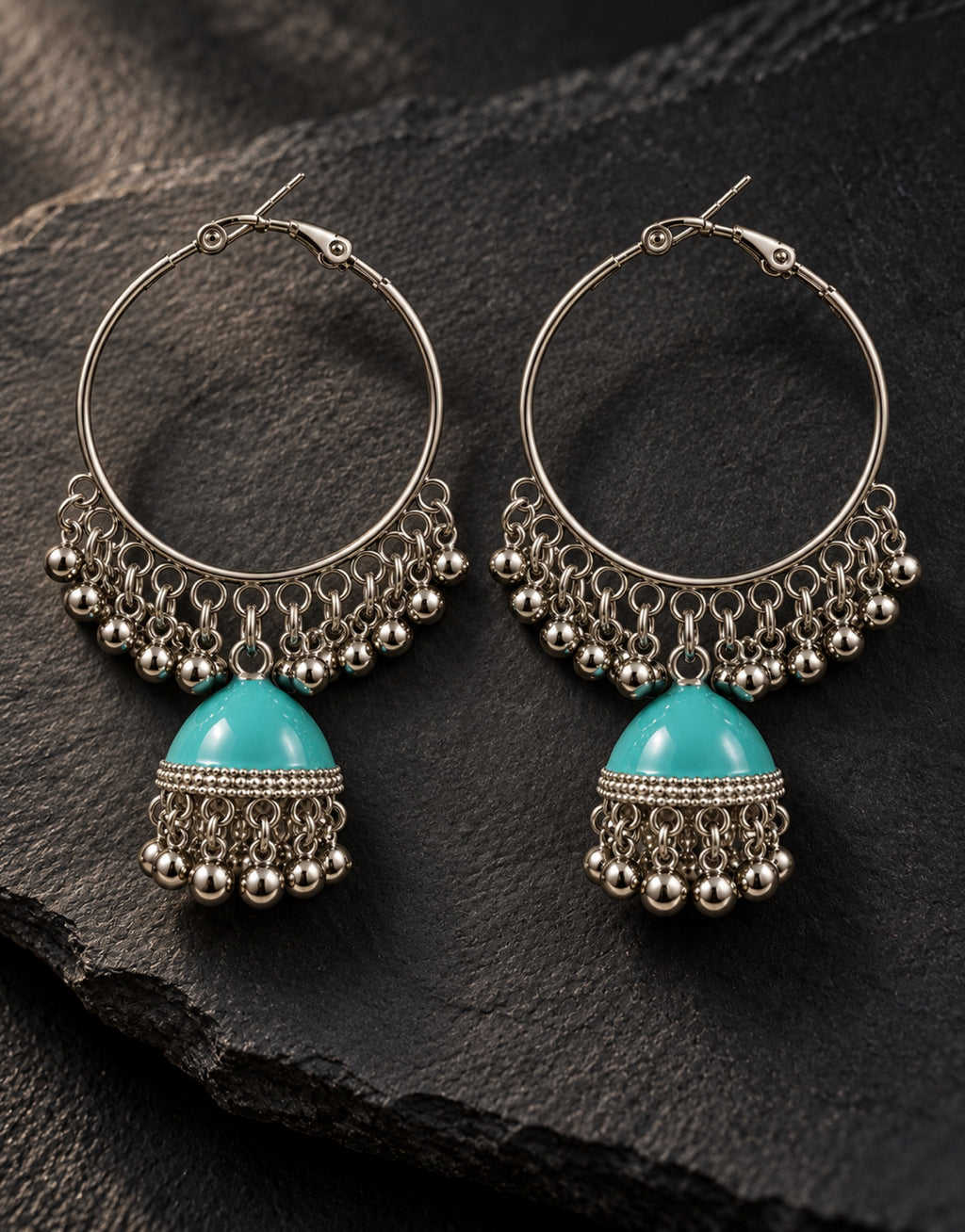 Orneza Silver-Tone Hoop Jhumka Earrings in Turquoise — styled view