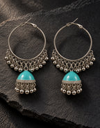 Orneza Silver-Tone Hoop Jhumka Earrings in Turquoise — styled view