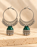Orneza Silver-Tone Hoop Jhumka Earrings in Green — front view