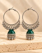 Orneza Silver-Tone Hoop Jhumka Earrings in Green — front view