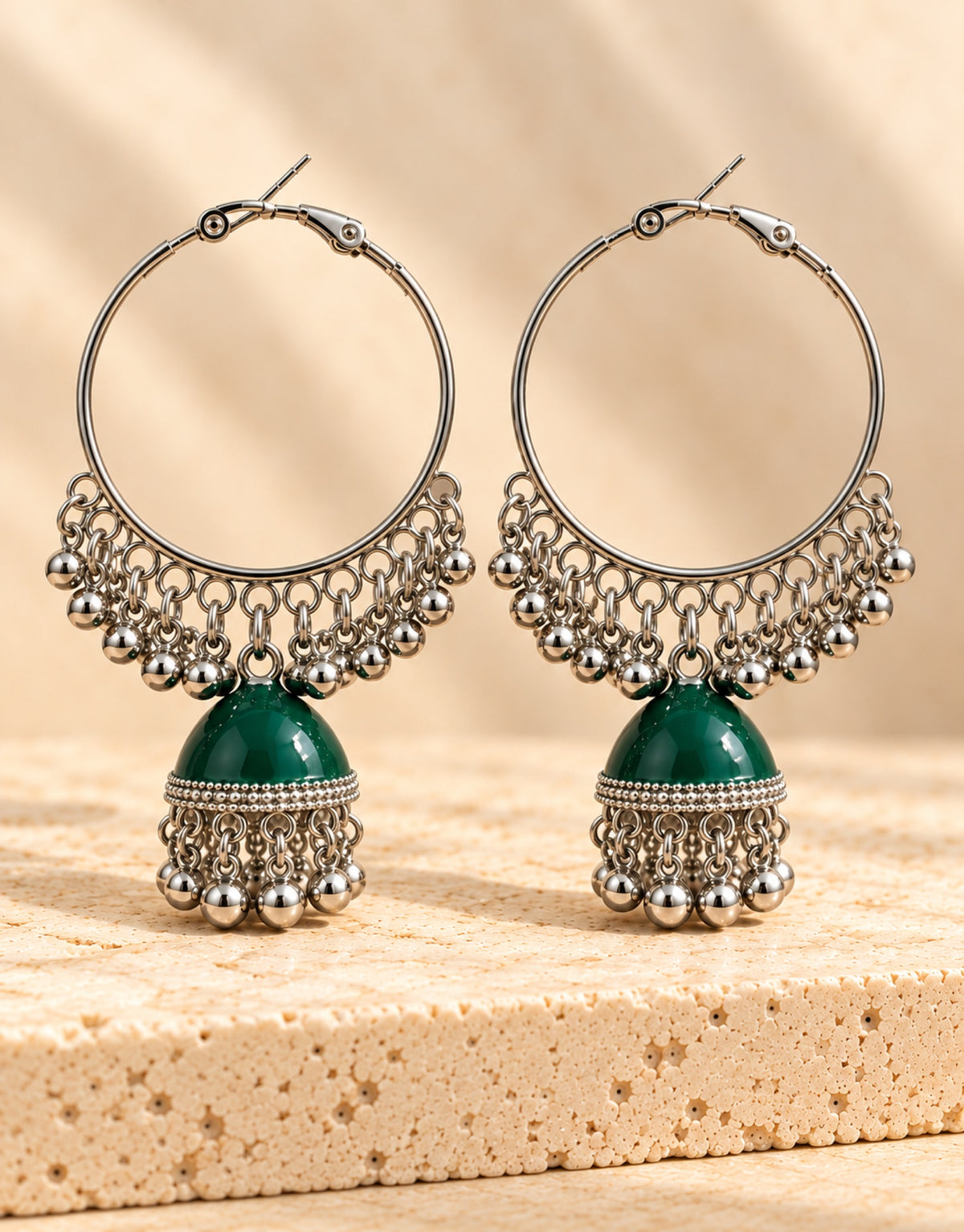 Orneza Silver-Tone Hoop Jhumka Earrings in Green — front view