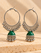 Orneza Silver-Tone Hoop Jhumka Earrings in Green — angle view
