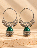 Orneza Silver-Tone Hoop Jhumka Earrings in Green — close-up detail