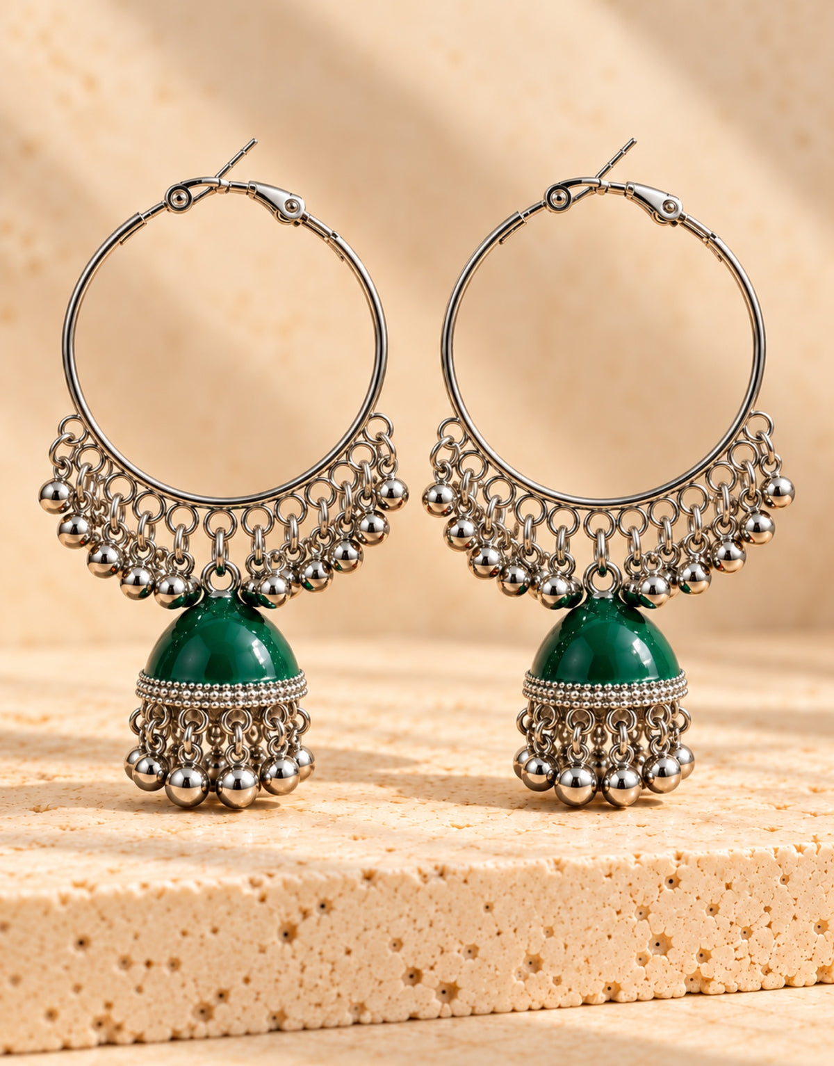 Orneza Silver-Tone Hoop Jhumka Earrings in Green — close-up detail