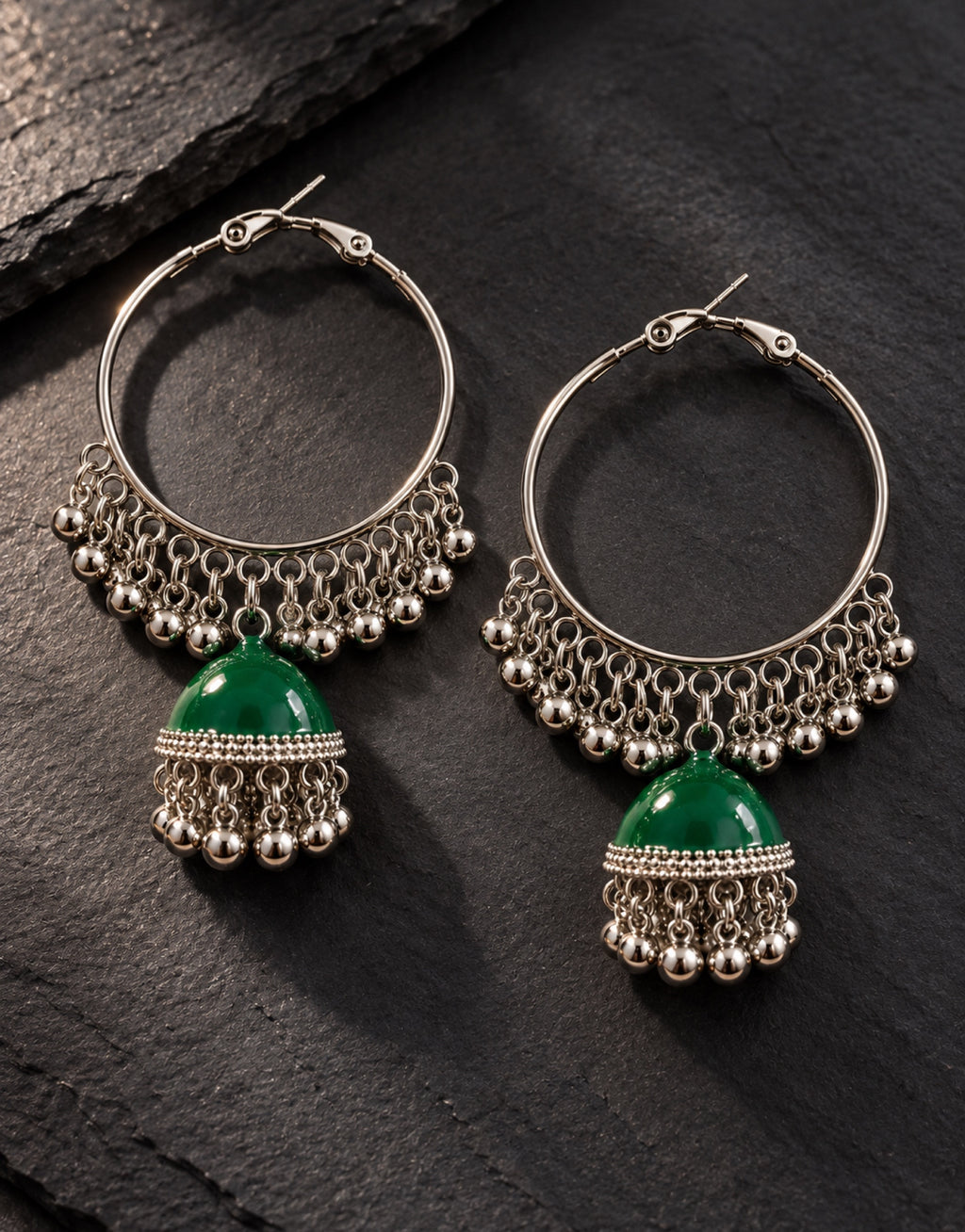 Orneza Silver-Tone Hoop Jhumka Earrings in Green — styled view