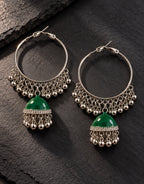 Orneza Silver-Tone Hoop Jhumka Earrings in Green — styled view