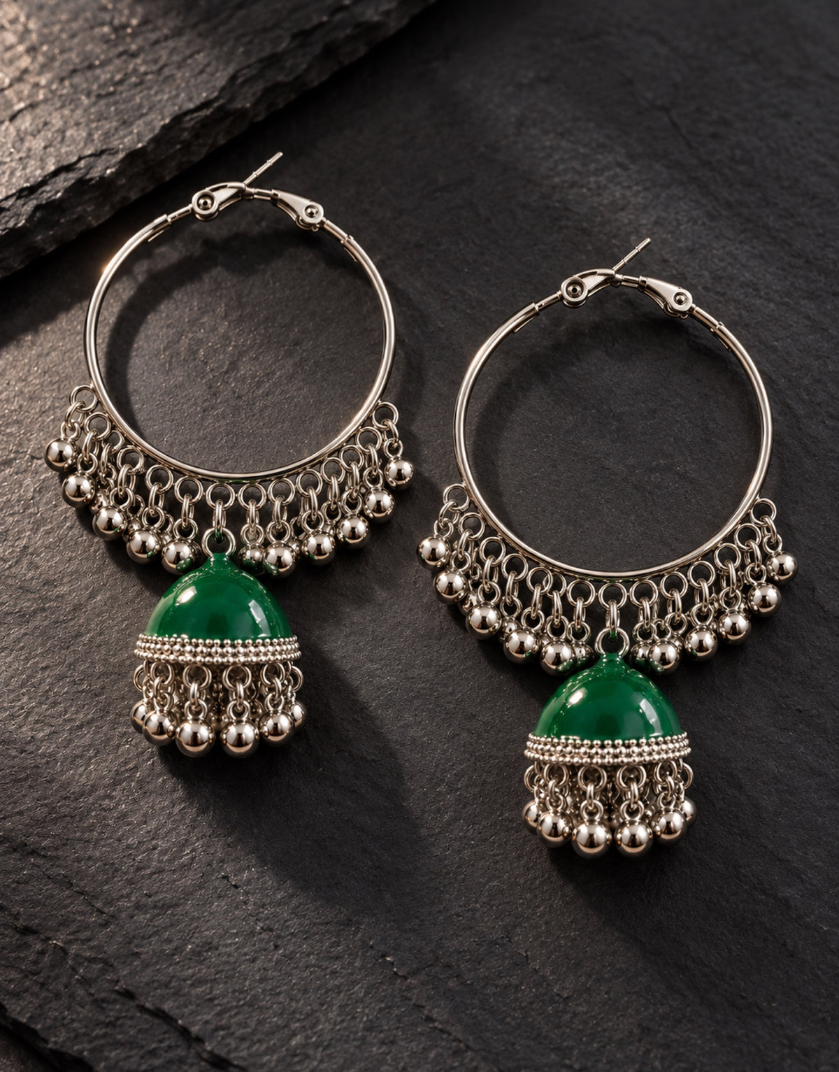 Orneza Silver-Tone Hoop Jhumka Earrings in Green — styled view