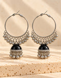Orneza Silver-Tone Hoop Jhumka Earrings in Black — front view