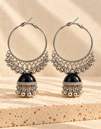 Orneza Silver-Tone Hoop Jhumka Earrings in Black — front view