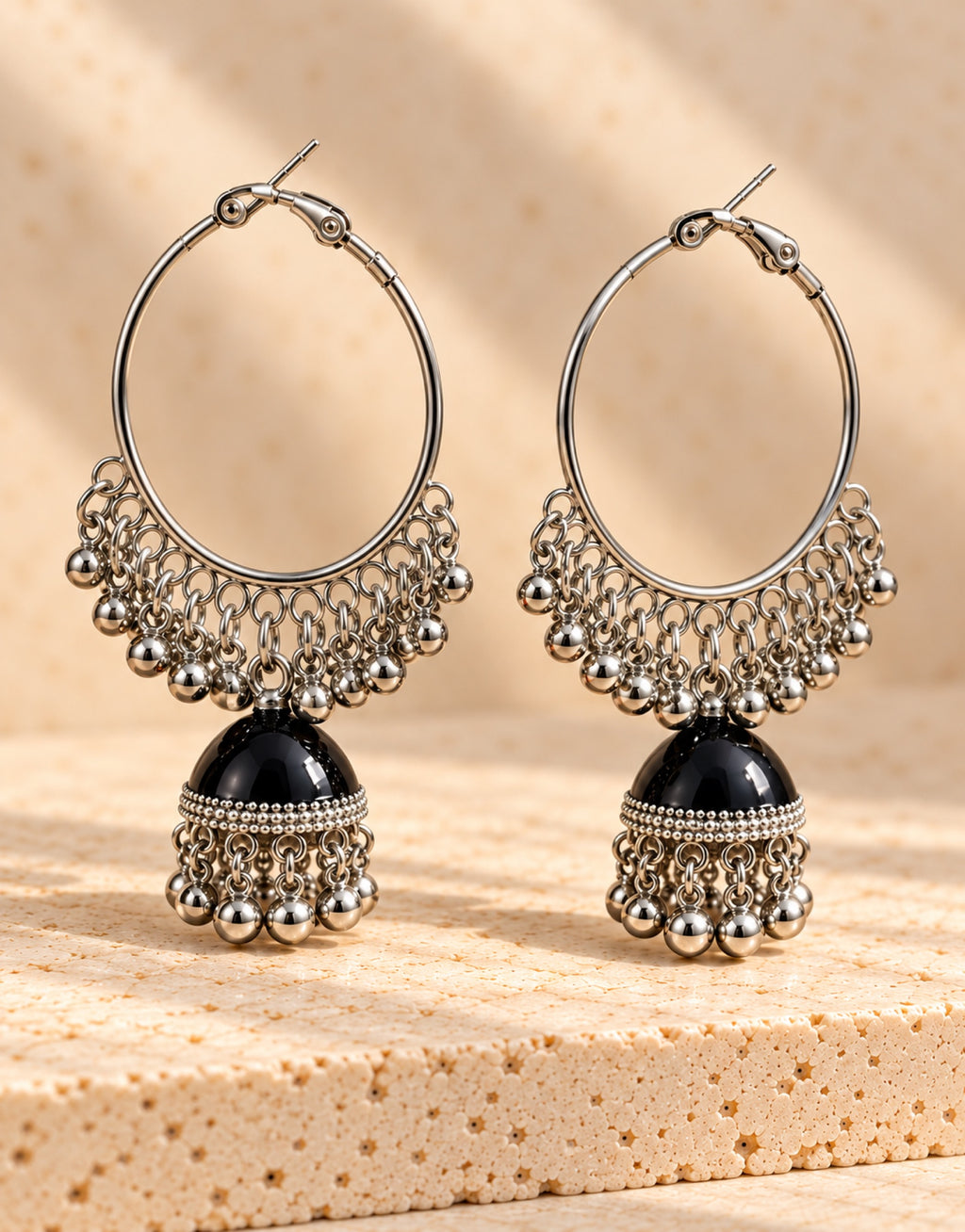 Orneza Silver-Tone Hoop Jhumka Earrings in Black — angle view