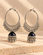 Orneza Silver-Tone Hoop Jhumka Earrings in Black — angle view