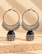 Orneza Silver-Tone Hoop Jhumka Earrings in Black — close-up detail