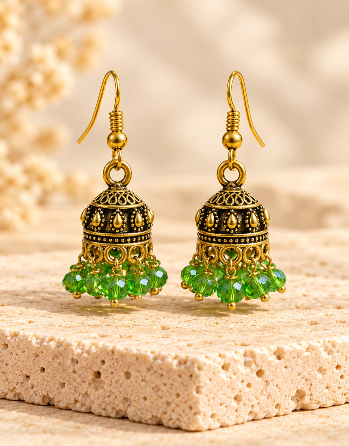 Orneza Antique Gold-Tone Mini Jhumka Earrings with Green Beads — front view