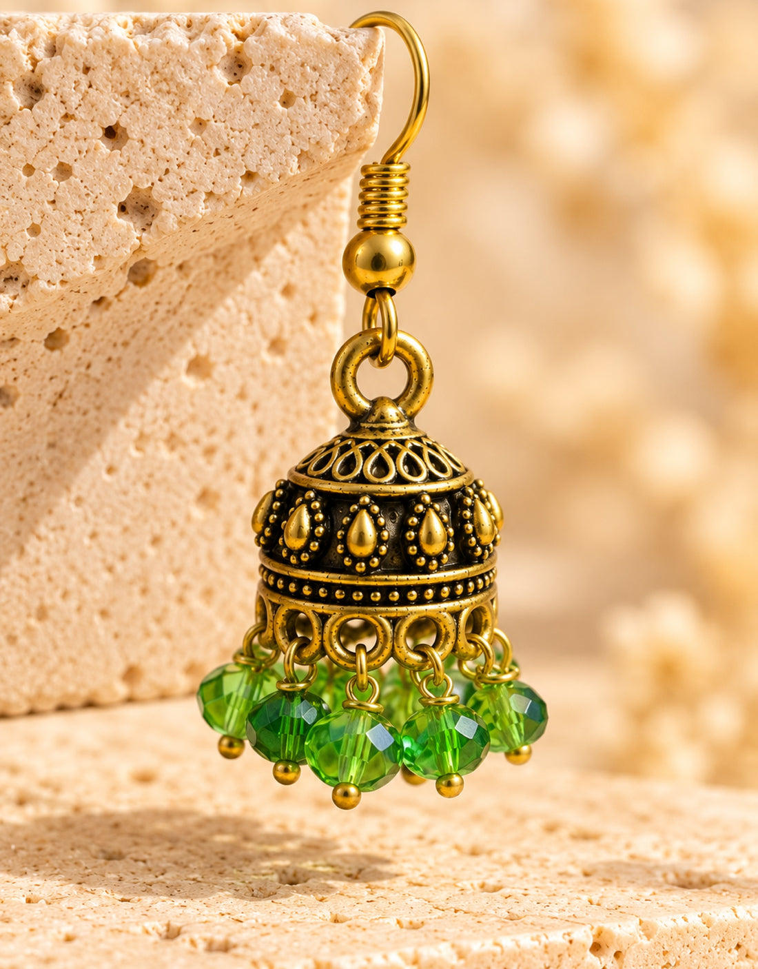 Orneza Antique Gold-Tone Mini Jhumka Earrings with Green Beads — close-up detail