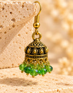 Orneza Antique Gold-Tone Mini Jhumka Earrings with Green Beads — close-up detail