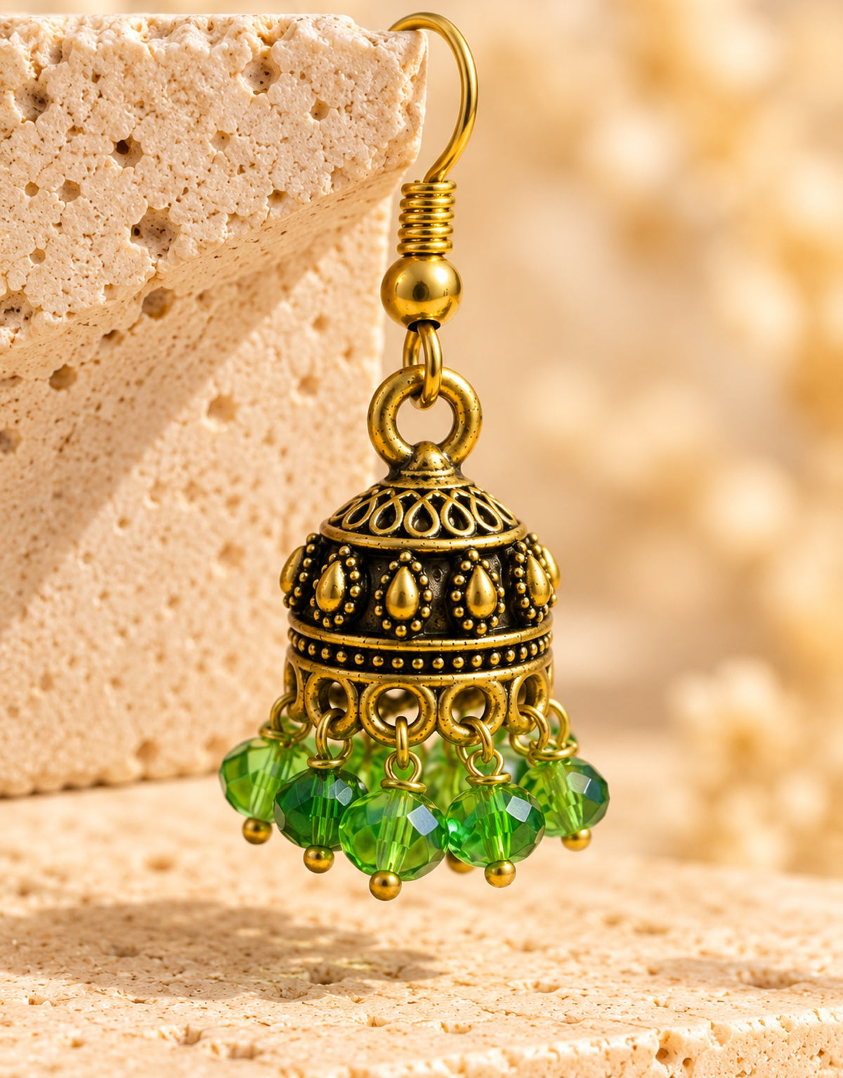 Orneza Antique Gold-Tone Mini Jhumka Earrings with Green Beads — close-up detail