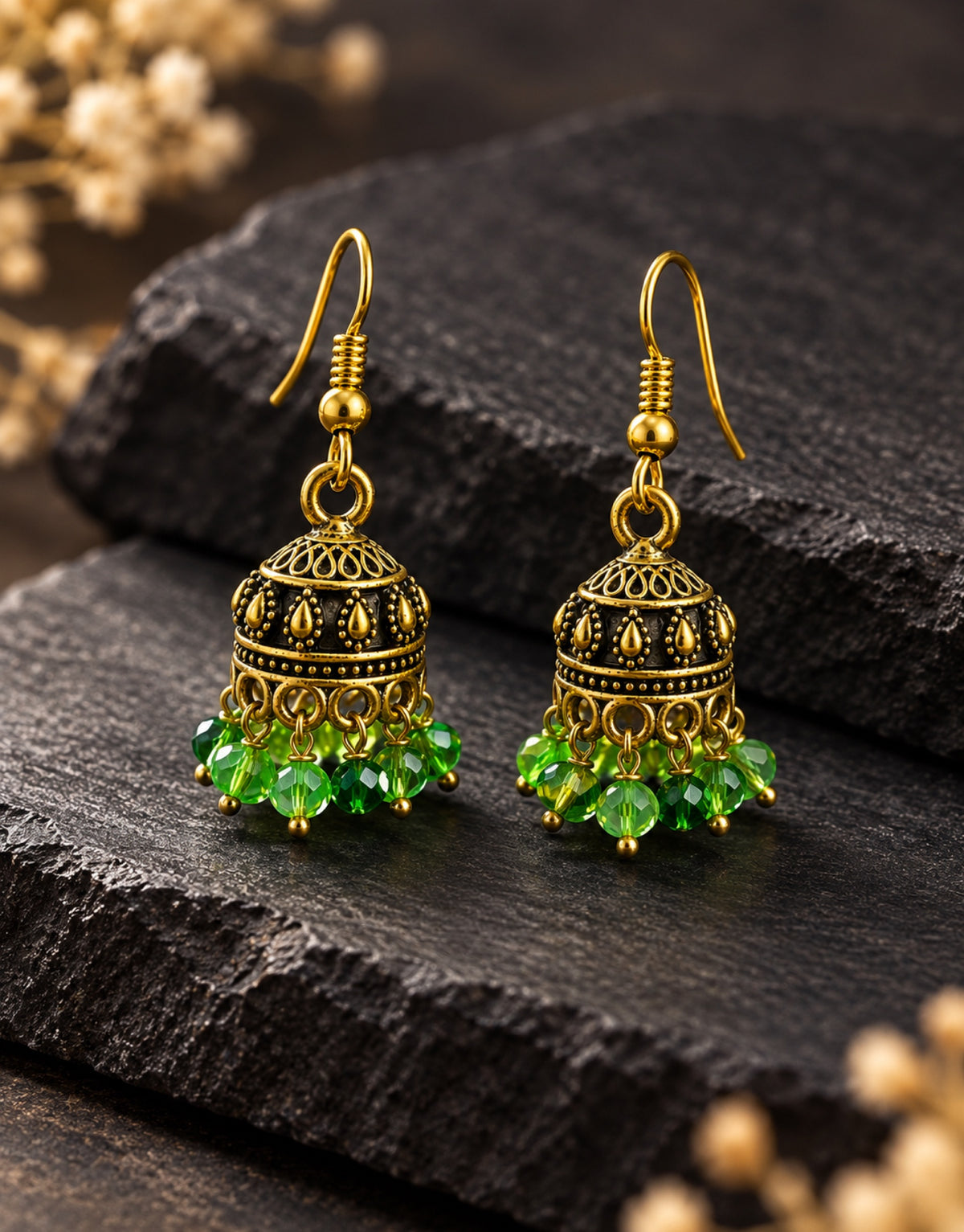 Orneza Antique Gold-Tone Mini Jhumka Earrings with Green Beads — styled view