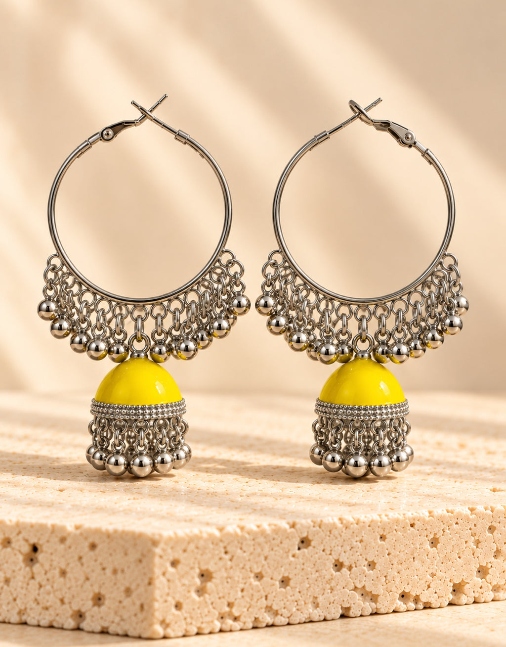 Orneza Silver-Tone Hoop Jhumka Earrings in Yellow — front view